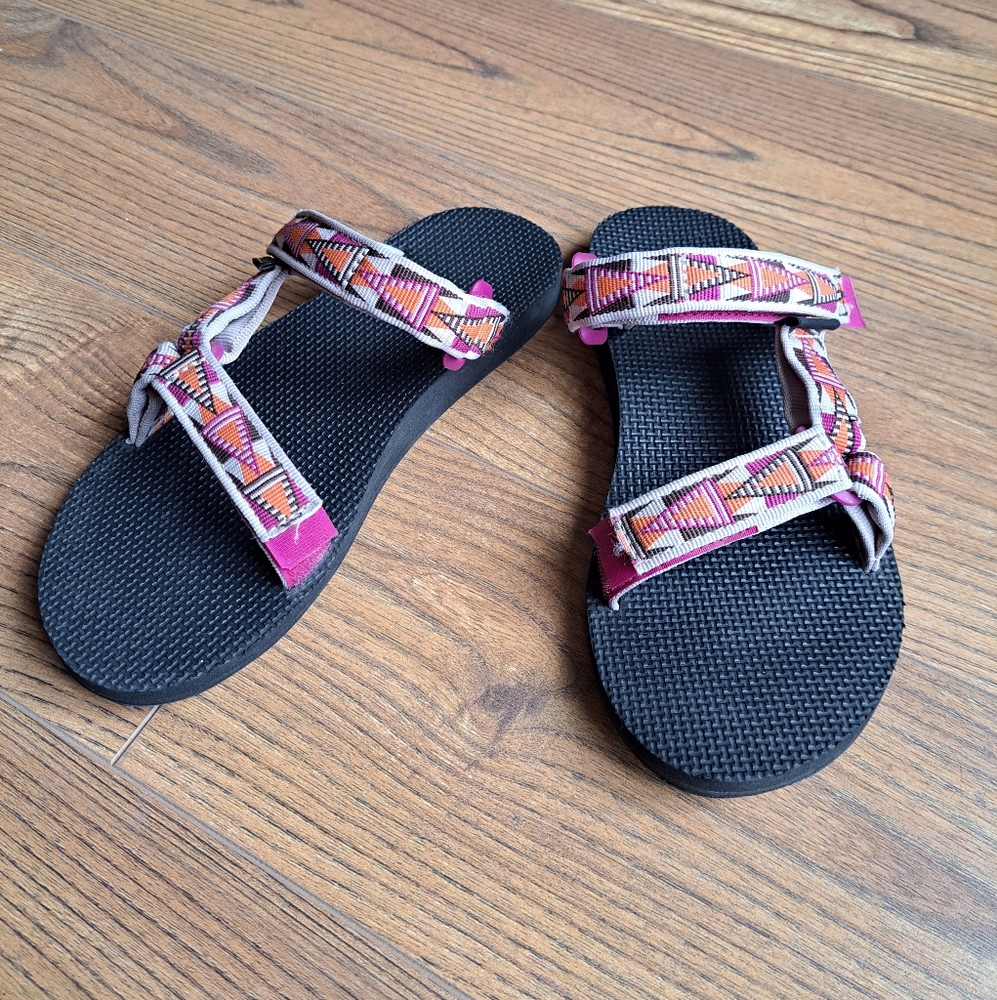 Orange/Purple Slide-On Teva Sandals, Women's size 7